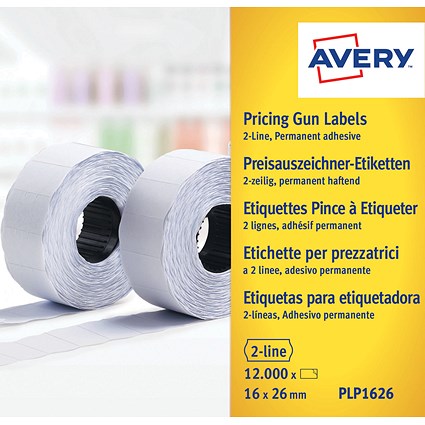 Avery Labels for Labelling Gun, 2-Line, Permanent, White, 16x26mm, 1200 per Roll, Pack of 10