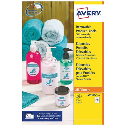 Avery Removable Labels 51mm dia 15 P/Sht Wht (Pack of 375) L4853REV-25
