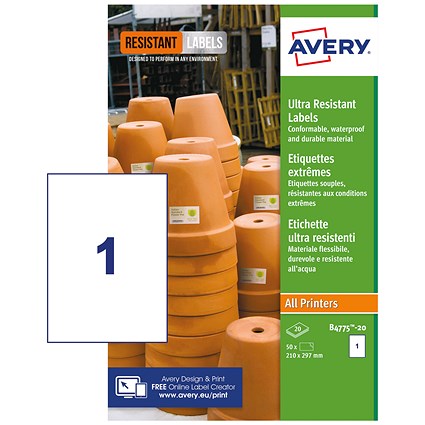 Avery B4775-20 Ultra Resistant Labels, 1 Per Sheet, 210x297mm, 20 Labels