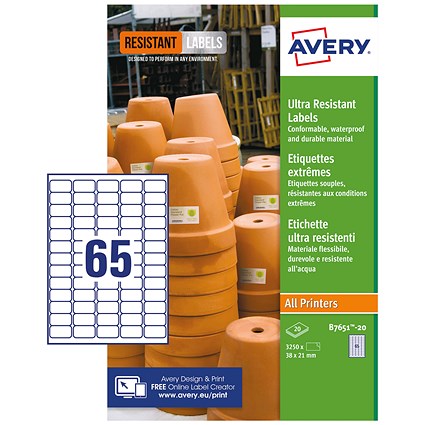 Avery B7651-20 Ultra Resistant Labels, 65 Per Sheet, 38x21mm, 1300 Labels