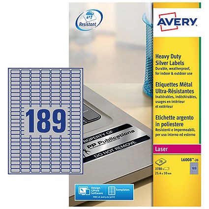 Avery L6008-20.UK Heavy Duty Laser Labels, 189 per Sheet, 25.4x10mm, Silver, 3780 Labels