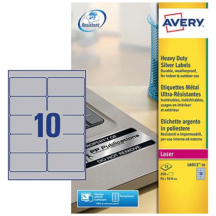 Avery Heavy Duty Laser Labels, 10 per Sheet, 96x50.8mm, Silver, L6012-20, 200 Labels | Paperstone