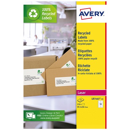 Avery Recycled Laser Labels, 14 Per Sheet, 99.1 x 38.1mm, White, 210 Labels