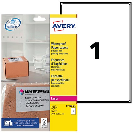 Avery L7997-25 Waterproof Paper Label, 1 Per Sheet, 199x289mm, 25 Labels
