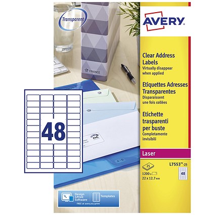 Avery L7553-25 Laser Labels, 48 Per Sheet, 22x12.7mm, Clear, 1200 Labels Avery L7553-25 Laser Labels, 48 Per Sheet, 22x12.7mm, Clear, 1200 Labels