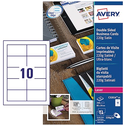 Avery 85mm x 54mm Double Sided Business Cards, 10 Per Sheet, White, 220gsm, Pack of 250 Avery 85mm x 54mm Double Sided Business Cards, 10 Per Sheet, White, 220gsm, Pack of 250