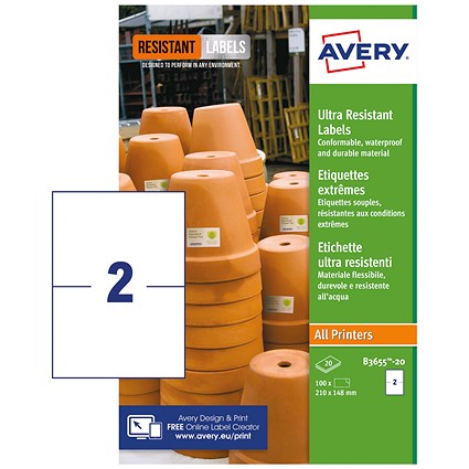 Avery B3655-20 Ultra Resistant Labels, 2 Per Sheet, 148x210mm, 40 Labels
