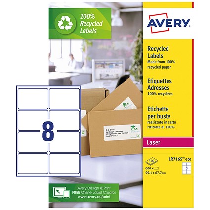 Avery LR7165-100 Recycled Laser Labels, 8 Per Sheet, 99.1x67.7mm, White, 800 Labels