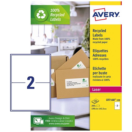 Avery LR7168-100 Recycled Laser Labels, 2 Per Sheet, 199.6x143.5mm, White, 200 Labels Avery LR7168-100 Recycled Laser Labels, 2 Per Sheet, 199.6x143.5mm, White, 200 Labels