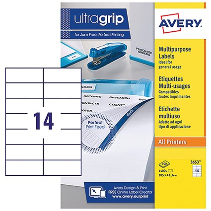 Avery White Multifunctional Labels, 14 per Sheet, 105x42.3mm, White, 3653, 1400 Labels