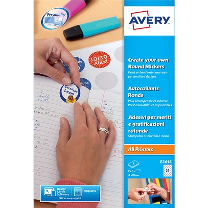 Avery E3613 Create Your Own Reward Stickers, 8 Per Sheet, 40x40mm, 192 Labels