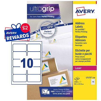 Avery L7173-250 Laser Labels, 10 Per Sheet, 99.1x57mm, White, 2500 Labels