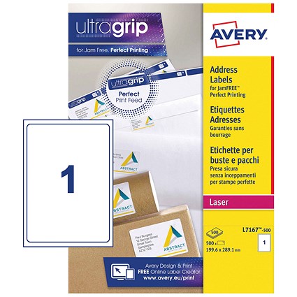 Avery L7167-500 Laser Labels, 1 Per Sheet, 199.6x289.1mm, White, 500 Labels Avery L7167-500 Laser Labels, 1 Per Sheet, 199.6x289.1mm, White, 500 Labels