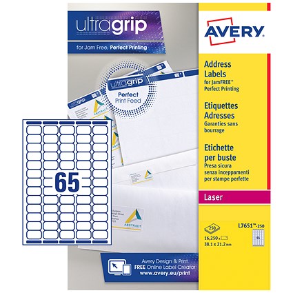 Avery Laser Mini Labels, 65 per Sheet, 38.1x21.2mm, White, L7651-250, 16250 Labels | Paperstone