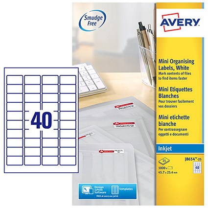 Avery J8654-25 Inkjet Labels, 40 Per Sheet, 45.7x25.4mm, White, 1000 Labels