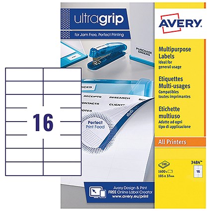 Avery White Multifunctional Labels, 16 per Sheet, 105x37mm, White, 3484, 1600 Labels