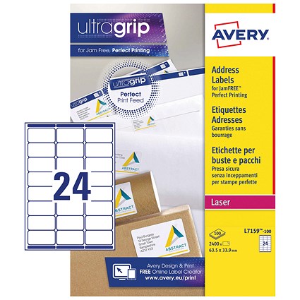 Avery L7159-100 Laser Labels, 24 Per Sheet, 63.5x33.9mm, White, 2400 Labels Avery L7159-100 Laser Labels, 24 Per Sheet, 63.5x33.9mm, White, 2400 Labels