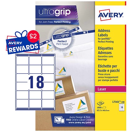 Avery L7161-100 Laser Labels, 18 Per Sheet, 63.5x46.6mm, White, 1800 Labels