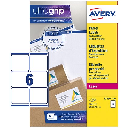 Avery L7166-100 Laser Labels, 6 Per Sheet, 99.1x93.1mm, White, 600 Labels Avery L7166-100 Laser Labels, 6 Per Sheet, 99.1x93.1mm, White, 600 Labels