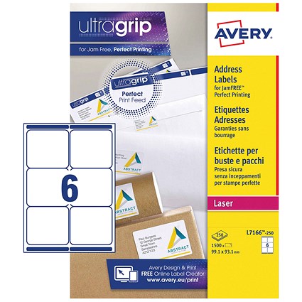 Avery Jam-free Laser Addressing Labels, 6 per Sheet, 99.1x93.1mm, White, L7166-250, 1500 Labels ...