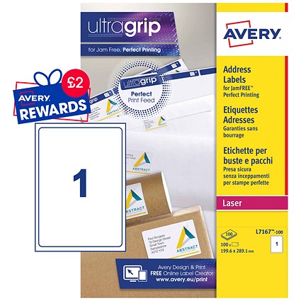 Avery L7167-100 Laser Labels, 1 Per Sheet, 199.6x289.1mm, White, 100 Labels