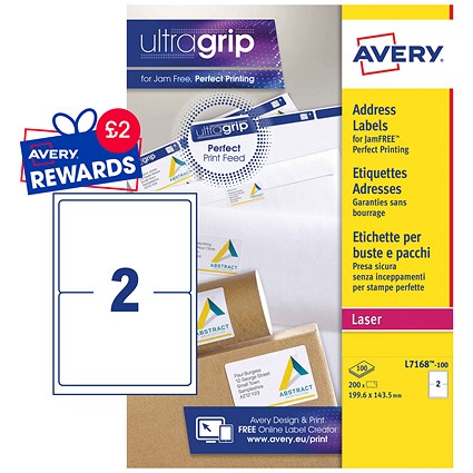 Avery L7168-100 Laser Labels, 2 Per Sheet, 199.6x143.5mm, White, 200 Labels