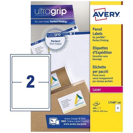 Avery Jam-free Laser Addressing Labels, 2 per Sheet, 199.6x143.5mm, White, L7168-100, 200 Labels ...