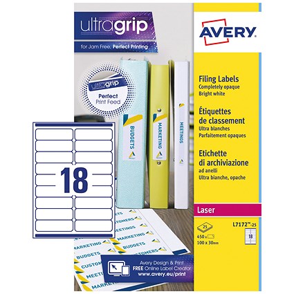 Avery L7172-25 Laser Filing Labels for Ring Binder, 18 per Sheet, 100x30mm, 450 Labels