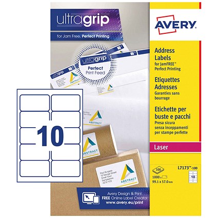 Avery Jam-free Laser Addressing Labels, 10 per Sheet, 99.1x57mm, White, L7173-100, 1000 Labels ...