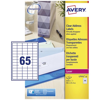 Avery Laser Labels, 65 Per Sheet, 38.1x21.2mm, Clear, 1625 Labels