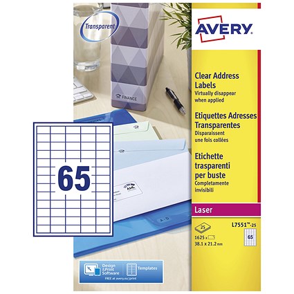 Avery L7551-25 Laser Labels, 65 Per Sheet, 38.1x21.2mm, Clear, 1625 Labels Avery L7551-25 Laser Labels, 65 Per Sheet, 38.1x21.2mm, Clear, 1625 Labels