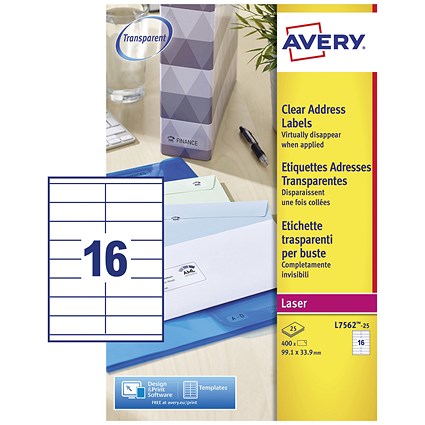Avery L7562-25 Laser Labels, 16 Per Sheet, 99x34mm, Clear, 400 Labels Avery L7562-25 Laser Labels, 16 Per Sheet, 99x34mm, Clear, 400 Labels