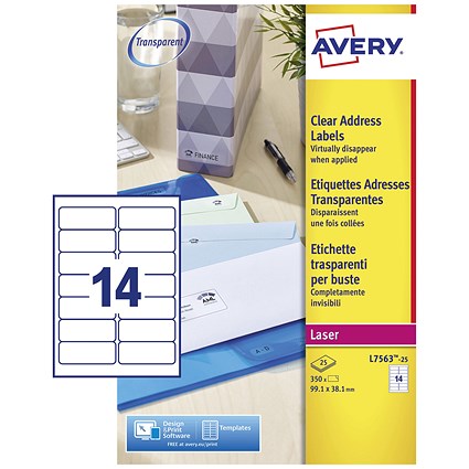 Avery L7563-25 Laser Labels, 14 Per Sheet, 99.1x38.1mm,Clear, 350 Labels Avery L7563-25 Laser Labels, 14 Per Sheet, 99.1x38.1mm,Clear, 350 Labels
