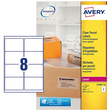 Avery L7565-25 Laser Labels, 8 Per Sheet, 99.1x67.7mm, Clear, 200 Labels