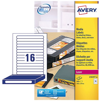 Avery L7674-25 Laser Media Labels for Video Spine, 16 per Sheet, 145x17mm, 400 Labels