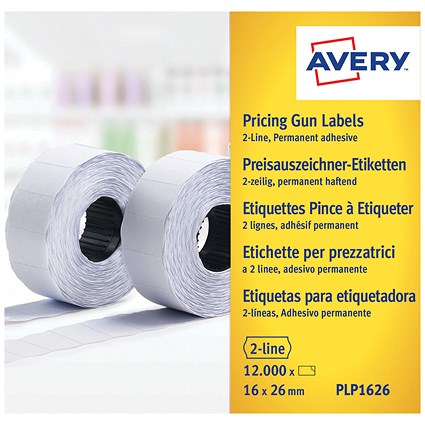 Avery Labels for Labelling Gun, 2-Line, Removable, White, 16x26mm, 1200 per Roll, Pack of 10