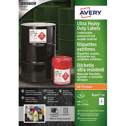 Avery B3427-50 Ultra Resistant Labels, 74 x 105 mm, Permanent, 8 Labels Per Sheet, 400 Labels Per Pack