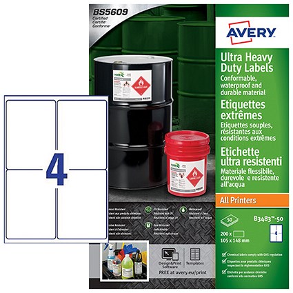 Avery B3483-50 Ultra Resistant Labels, 105 x 148 mm, Permanent, 4 Labels Per Sheet, 200 Labels Per Pack