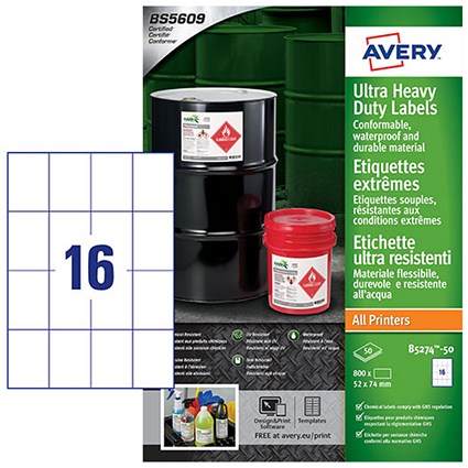 Avery Heavy Duty Ultra Resistant Label 52x74mm 16 Per A4 Sheet White (Pack 800 Labels) - B5274-50
