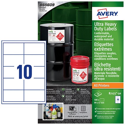 Avery Ultra Resistant Labels 57 x 99 mm Permanent 10 Labels Per Sheet 500 Labels Per Pack B7173-50