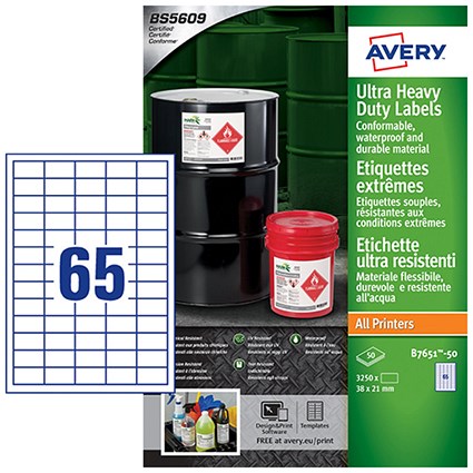 Avery Ultra Resistant Labels 38mm x 21mm Permanent 65 Labels per Sheet (Pack 3250 Labels) - B7651-50