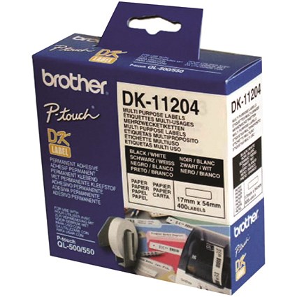 Brother DK-11204 Paper Label Tape, Black on White, 17mmx54mm, Pack of 400 Brother DK-11204 Paper Label Tape, Black on White, 17mmx54mm, Pack of 400