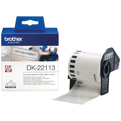 Brother DK-22113 Continuous Length Film Tape, Black on Clear, 62mmx15.24m Brother DK-22113 Continuous Length Film Tape, Black on Clear, 62mmx15.24m