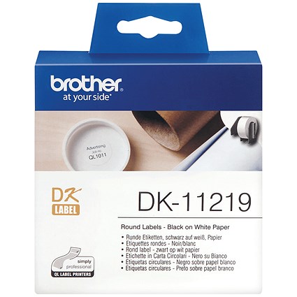 Brother DK-11219 Round Labels, Black on White, 12mm Diameter, 1200 Labels Per Roll