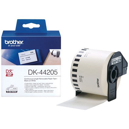 Brother DK-44205 Continuous Removable Paper Tape, Black on White, 62mmx30.48m