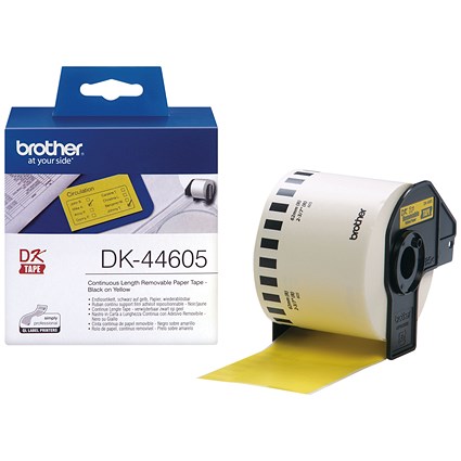 Brother DK-44605 Continuous Removable Paper Tape, Black on Yellow, 62mmx30.48m