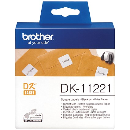Brother DK-11221 Square Labels, Black on White, 23x23mm, 1000 Labels Per Roll