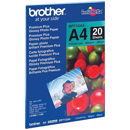 Brother A4 Premium Plus Photo Paper, Glossy, 260gsm, Pack of 20