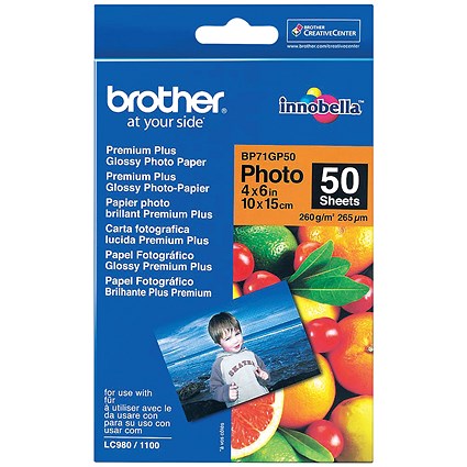 Brother 100mm x 150mm Premium Plus Photo Paper, Glossy, 260gsm, Pack of 50