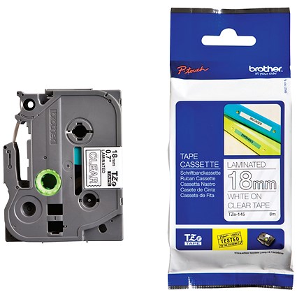 Brother P-Touch Tze-145 Laminated Tape Cassette, White on Clear, 18mm x 8m